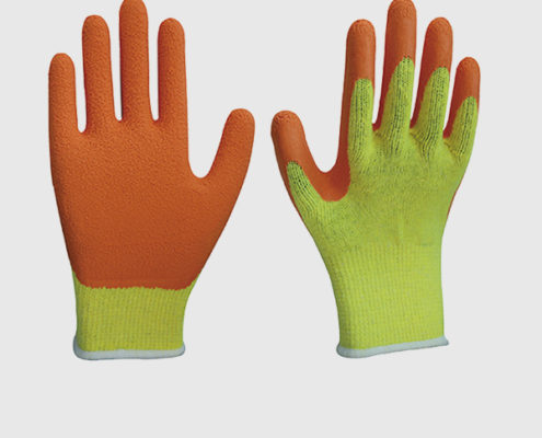 10 Gauge Orange Latex Coated Gloves with yellow polycotton shell